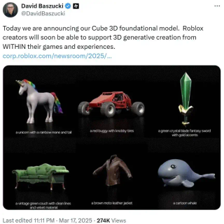 Roblox发布3D智能基础模型Cube，一句话生成游戏资产