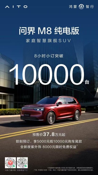 问界M8纯电版8小时小订突破10000台 预售价37.8万元起