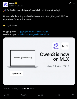 苹果AI新进展：Qwen3已全面“登陆”苹果MLX框架
