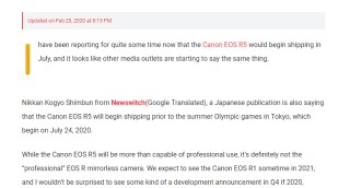 日媒报道EOS R5消息 称将在奥运会前发布