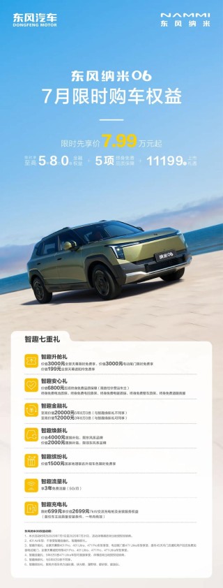 东风纳米推7月限时购车权益 纳米06限时7.99万元起
