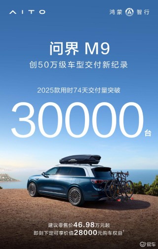 2025款问界M9交付突破3万辆 用时74天