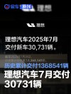 理想汽车7月交付30731辆 历史累计交付1368541辆