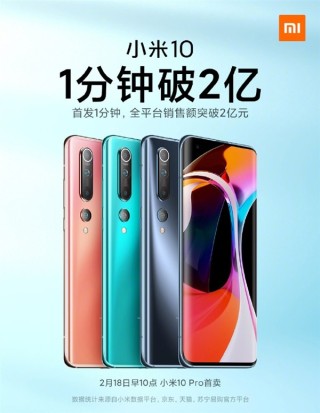 小米10首销开卖1分钟全平台销售额突破2亿