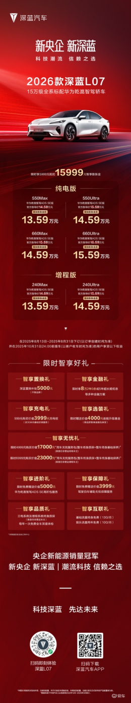 13.59万起杀疯了！深蓝L07全系标配华为乾坤智驾！  第7张