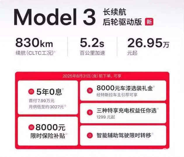 特斯拉Model 3新长续航版上市，26.95万起，830公里续航  第2张