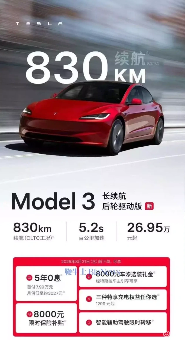 特斯拉新款Model 3上市，起售价26.95万  第1张