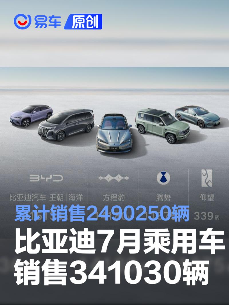 比亚迪7月乘用车销售341030辆 累计销售2490250辆  第1张
