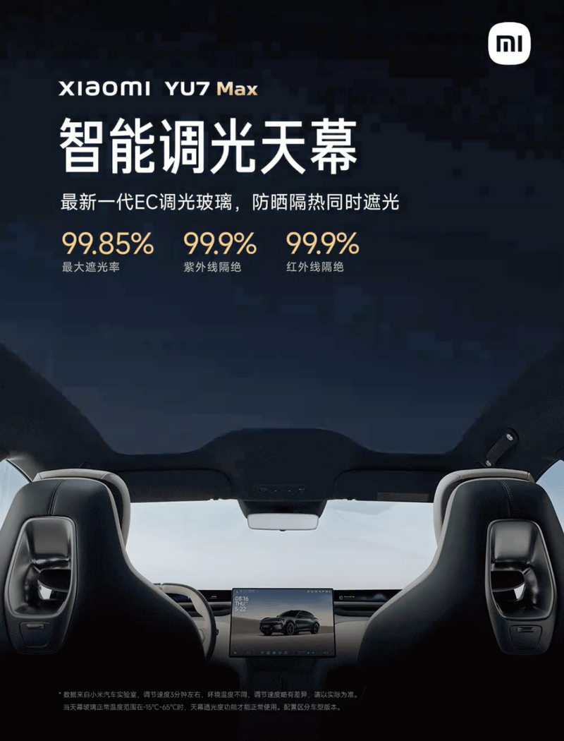 小米YU7 Max版配智能调光天幕 采用最新一代EC调光玻璃  第2张