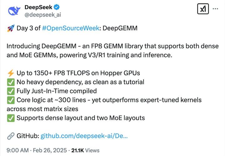 DeepGEMM – DeepSeek 开源的 FP8 通用矩阵乘法库 第1张 DeepGEMM – DeepSeek 开源的 FP8 通用矩阵乘法库 第1张