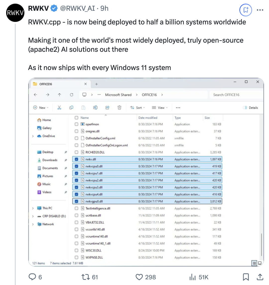 微软Win11中发现国产开源大模型！RWKV官方：没人给我钱啊？现在捐赠还来得及  第1张