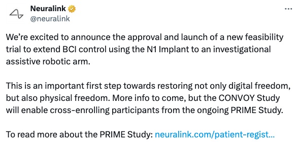 baidu09帮助瘫痪患者通过意念操纵机械臂，马斯克旗下 Neuralink 启动新试验  第1张